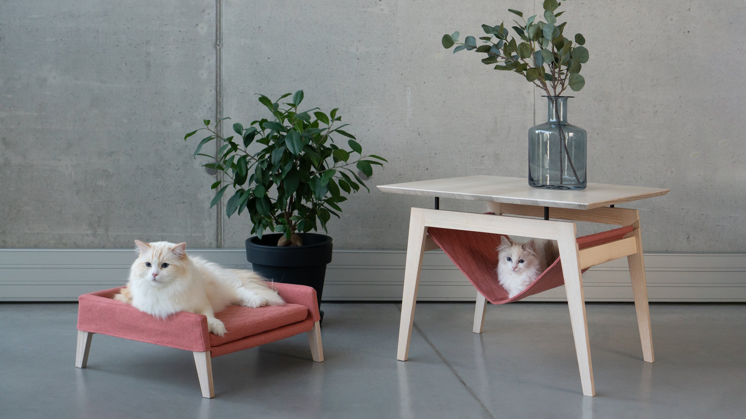 Kikko Katzentisch von LABBVENN in Himbeere – Couchtisch aus Eschenholz mit Katzen-Hängematte, 60x60x50 cm
